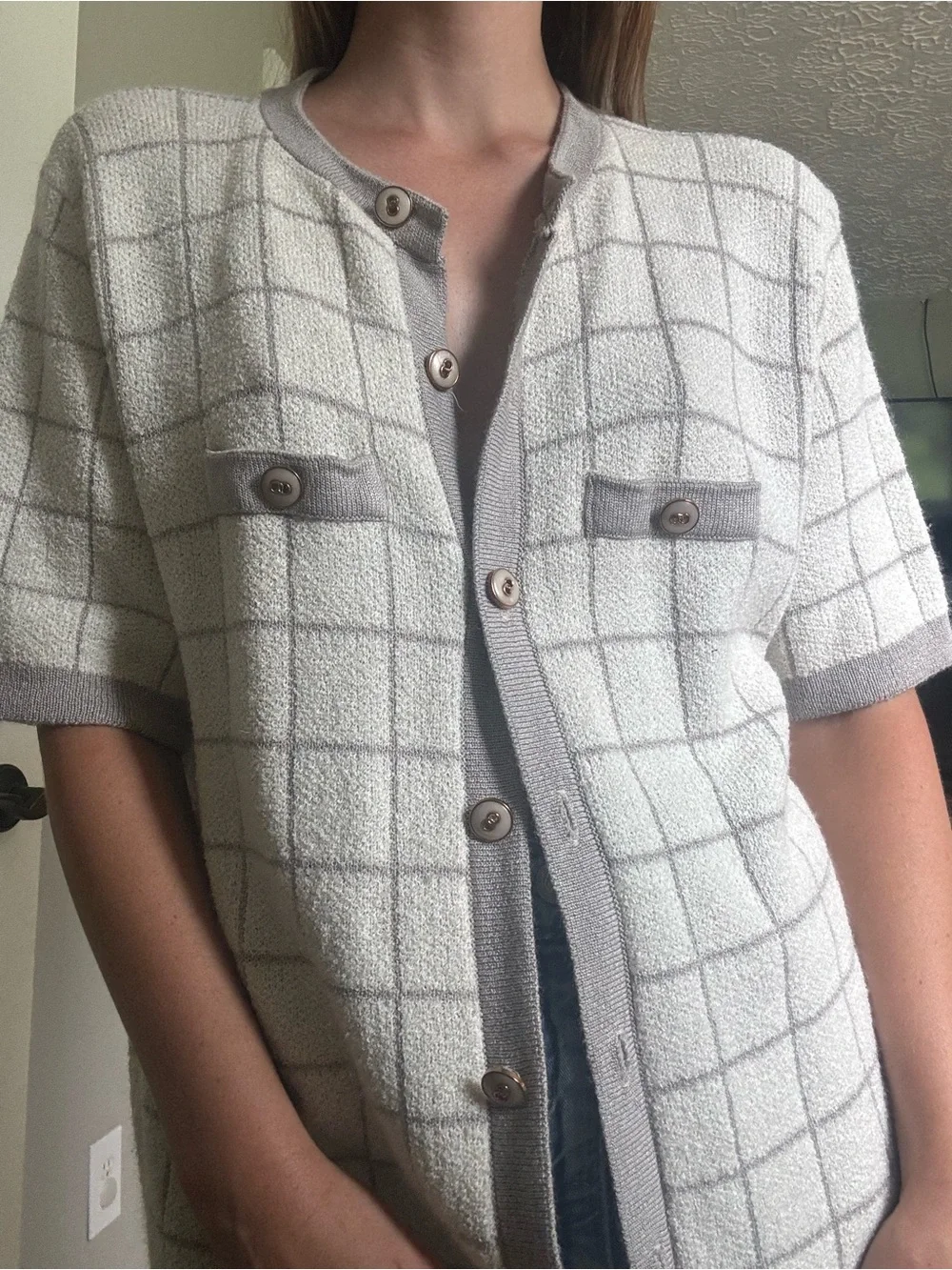 Alfred Dunner Cream and Gray Grid Short-Sleeve Button Cardigan
